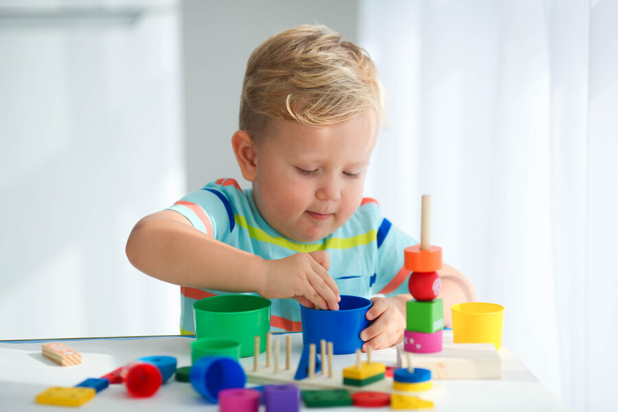 A little boy plays with wooden toys and builds a tower. Educatio